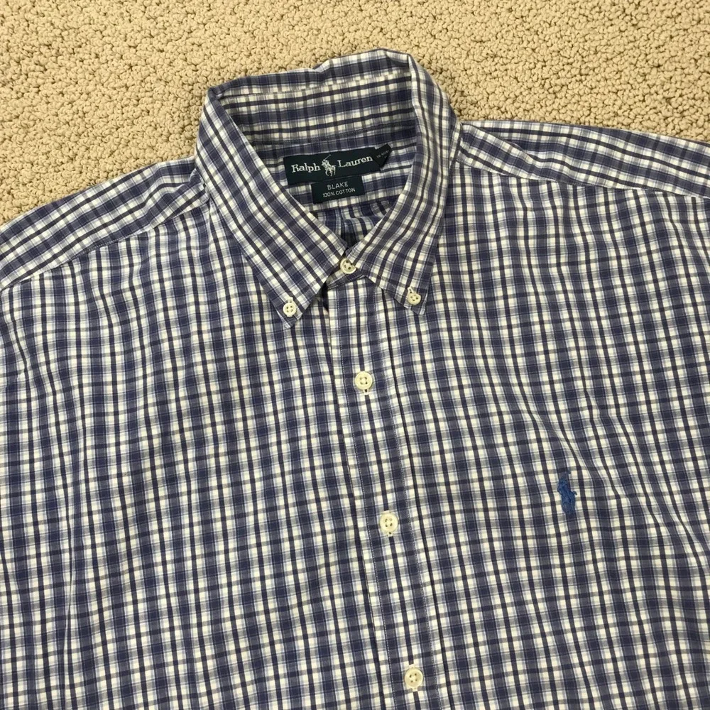 Ralph Lauren Blake Mens XL Blue White Check Cotton SS Button Down Shirt